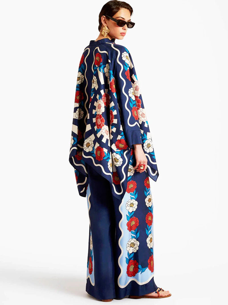 Fine Satin Print Batwing Sleeve Pants Set - Blue