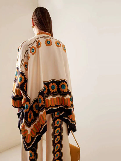 Fine Satin Print Batwing Sleeve Pants Set - Yellow