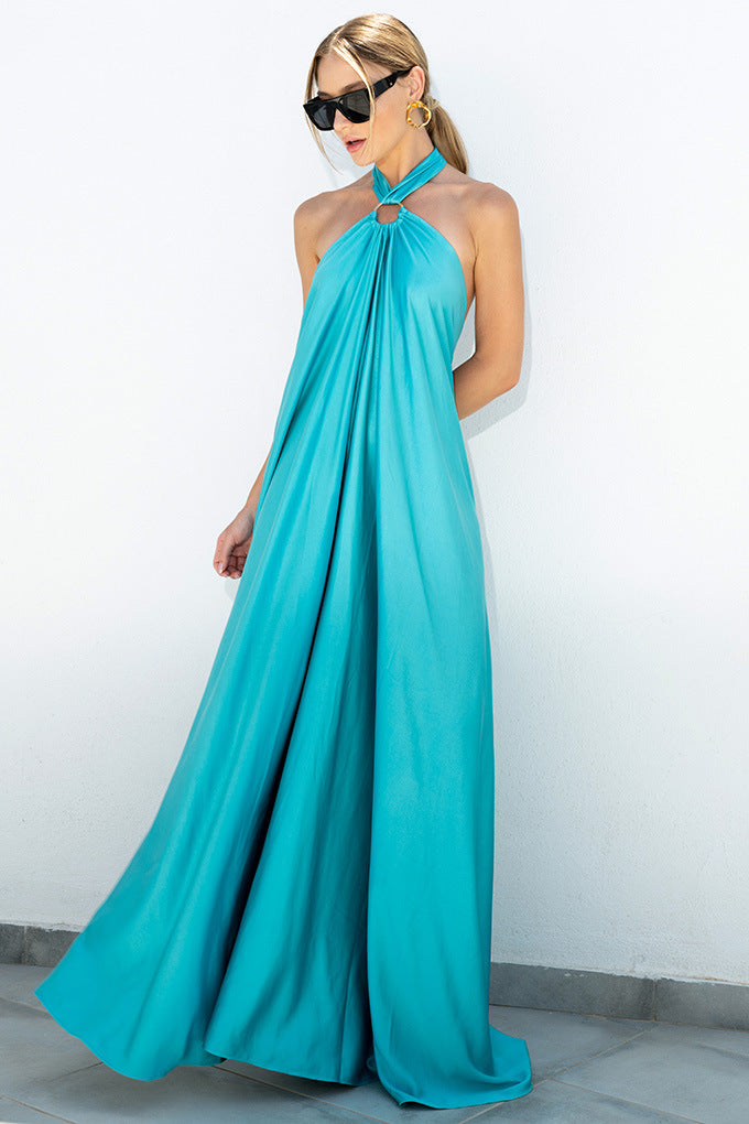 Satin Maxi Long Dress: Backless Halter Neck