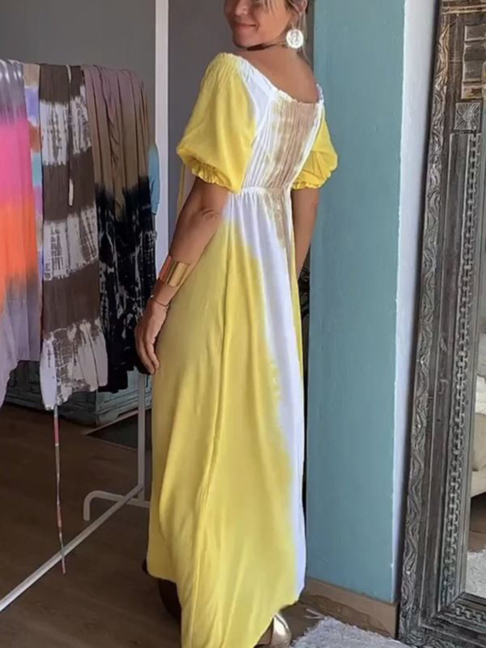 Yellow Tie Dye V-neck Drawstring Maxi Dress