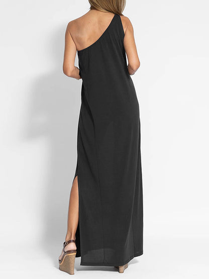One-shoulder Slit Color Vest Maxi Dress