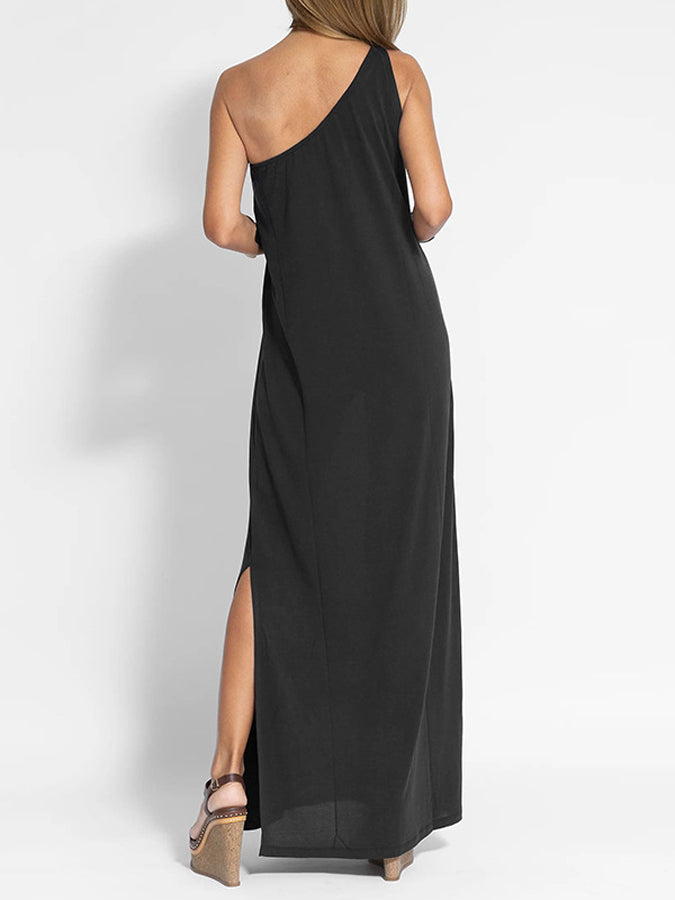 One-shoulder Slit Color Vest Maxi Dress