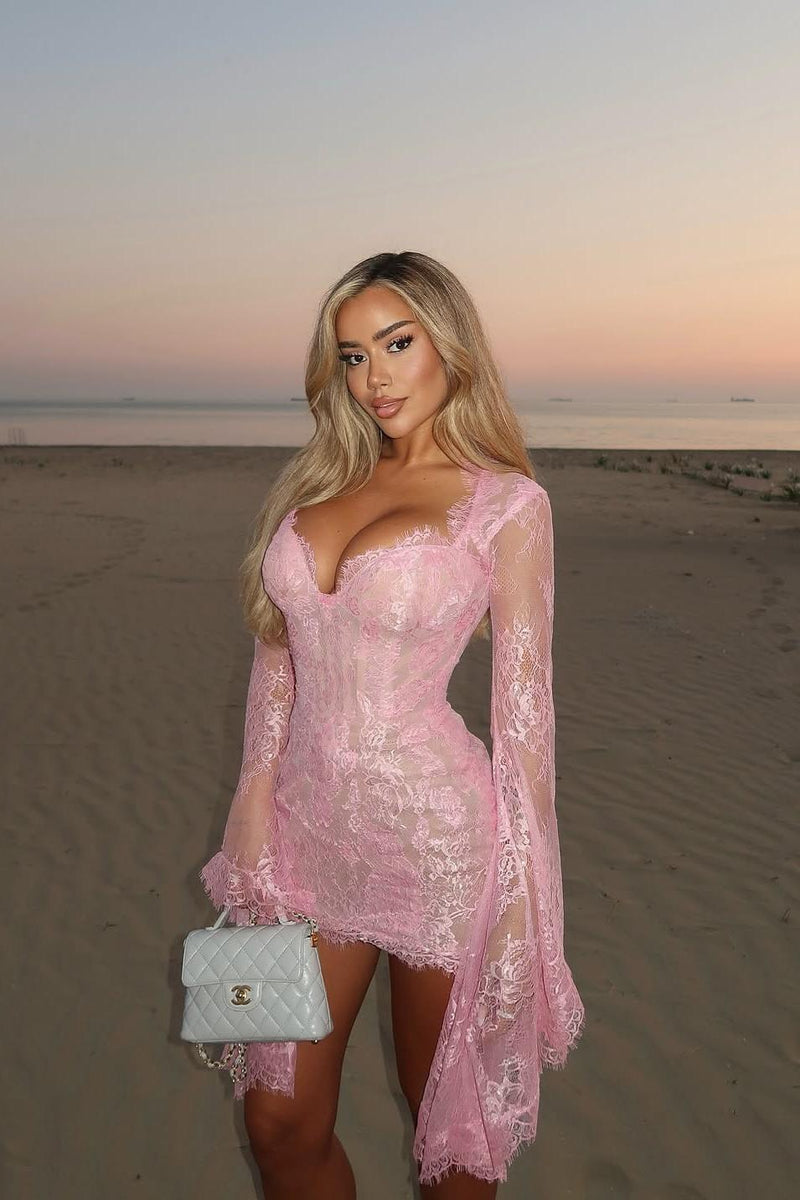 Whispers of Blush Lace Bell-sleeve Mini Dress