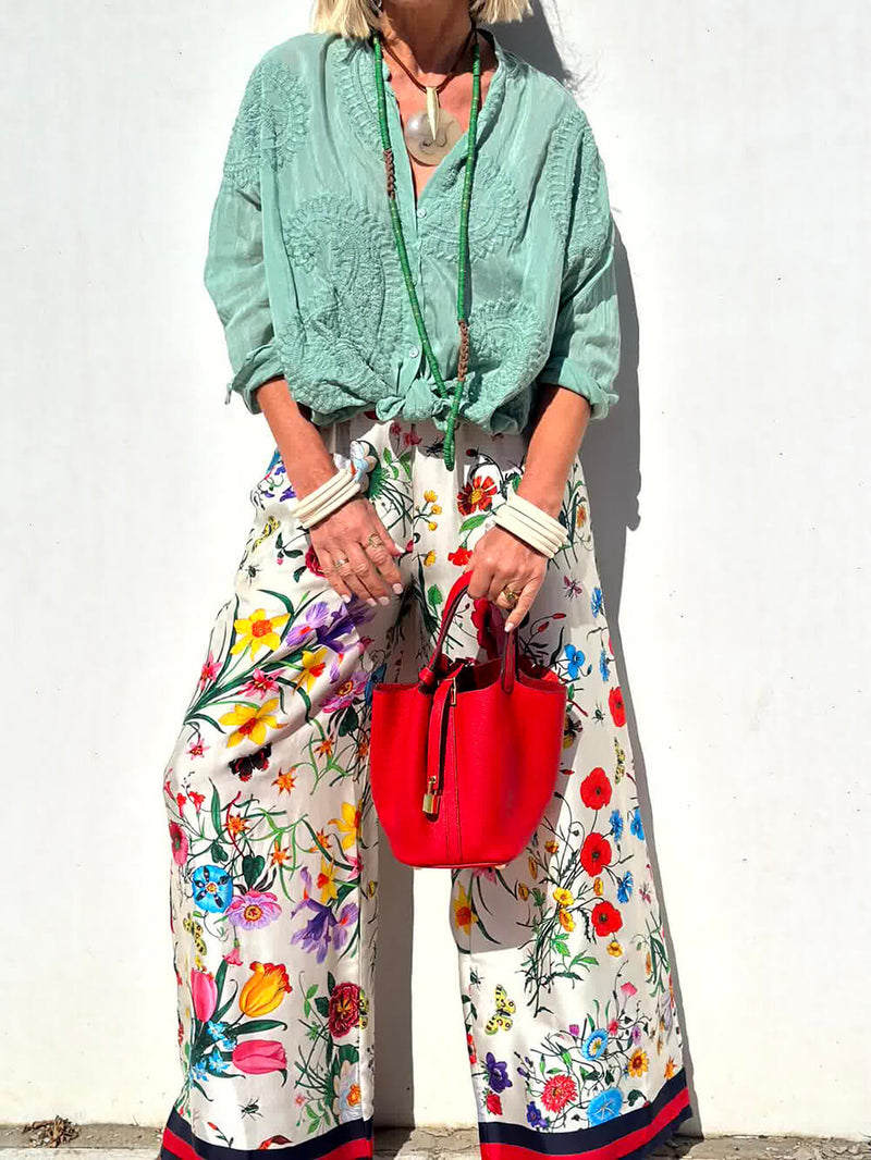 Unique Print Elastic Waist Pocketed Wide Leg Pants