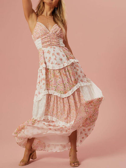 Retro Print Patchwork Maxi Dress