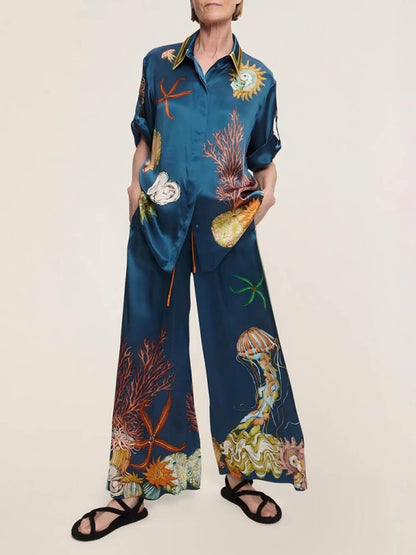 Classic Modern Feel Unique Satin Ocean Animal Print Drawstring Elastic Pocket Wide Leg Pants