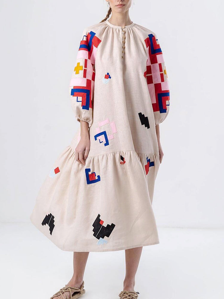 Loose Fit Printed Lantern Sleeve Dress