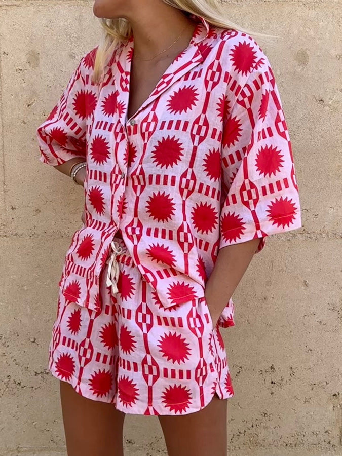 Linen Blend Sun World Printed Shirt and Elastic Waist Pocketed Shorts Set