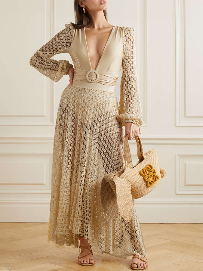 Belted Crochet-trimmed Netted-sleeve One Piece and Skirt