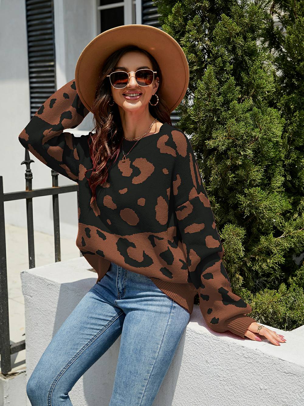 Leopard Round Neck Knit Sweater