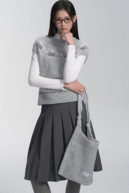 Grey Patterned Layered Knit Blouse Set-up