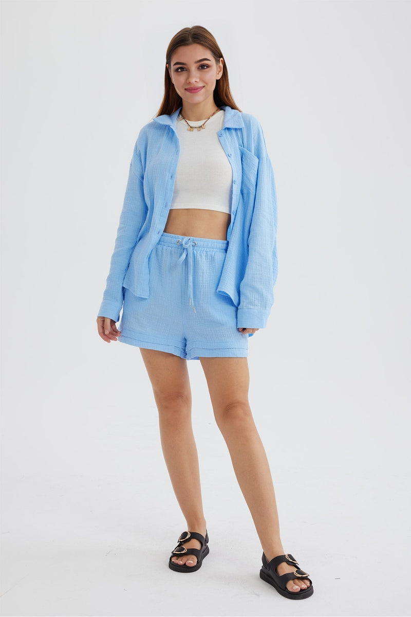 Long Sleeve Color Shirt Shorts Set