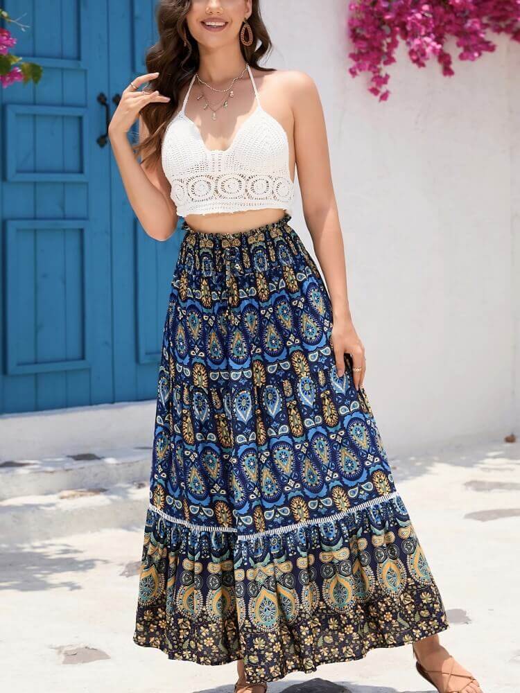 Shirred High Waist Skirt in Blue