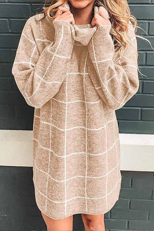 High Collar Plaid Loose Mini Dress(3 Colors)