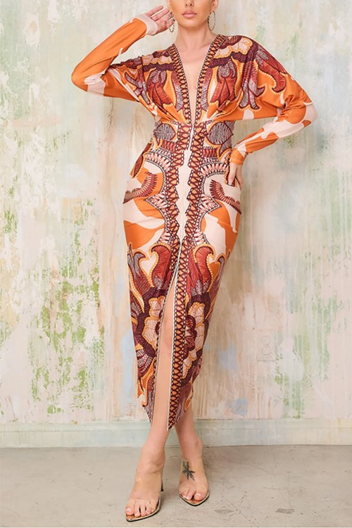 V Neck Long Sleeves Ruched Slit Printed Midi Dress