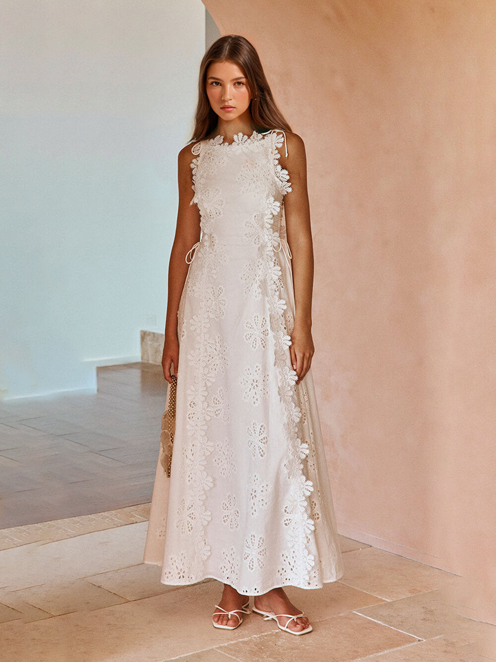 Delicate Lace Hook and Lace Up Sides Maxi Dress
