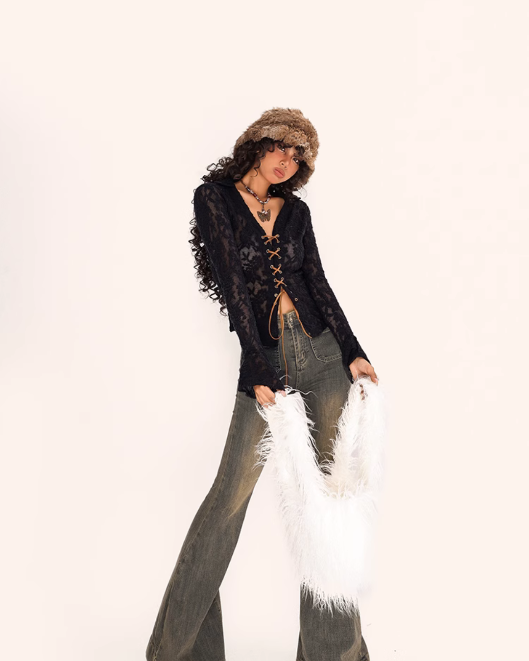 Nico Molly Lace-up Textured Cardigan - Ivory and Black ()