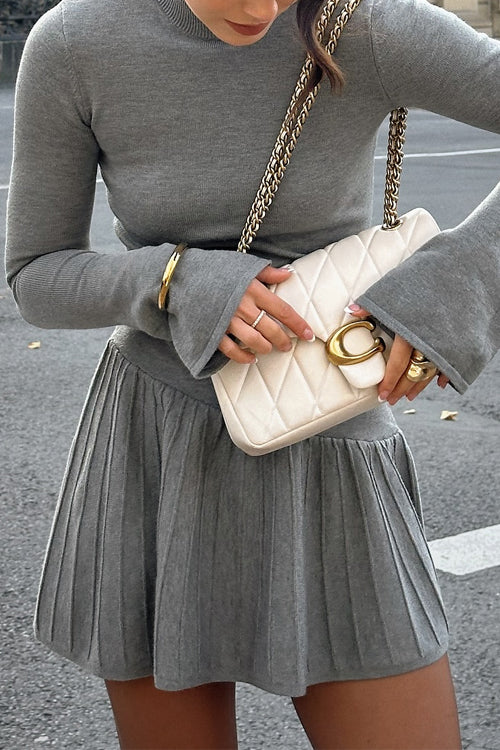 Mockneck Bell Sleeves Ruffle Mini Sweater Dress