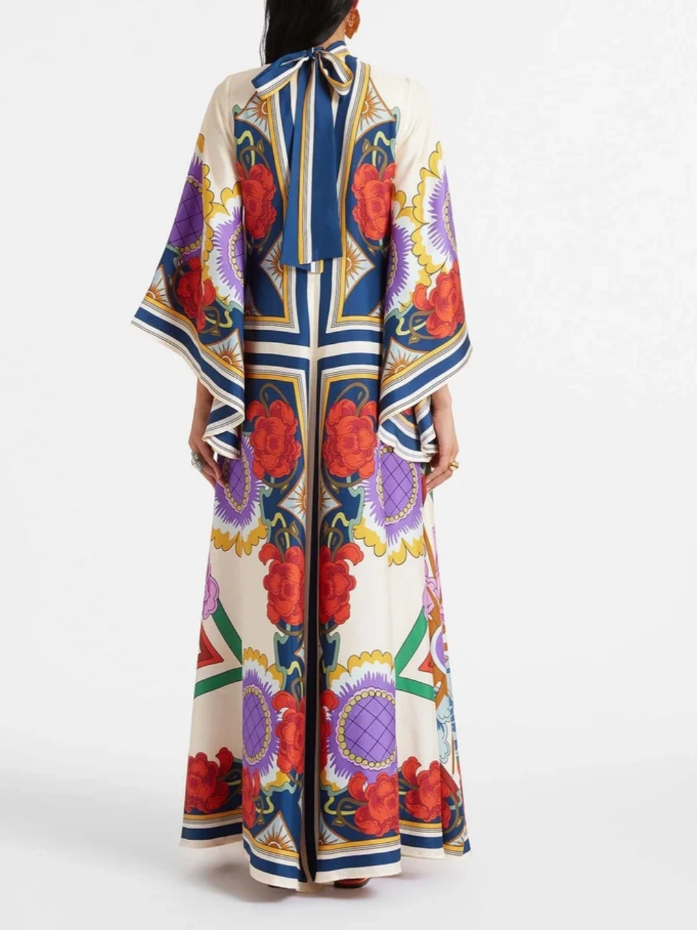 Exquisite Print Draped Waterfall Sleeves Maxi Dress
