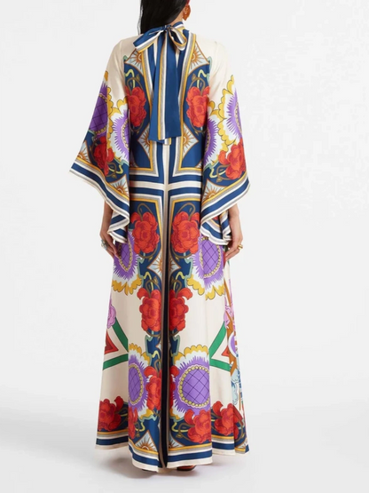 Exquisite Print Draped Waterfall Sleeves Maxi Dress