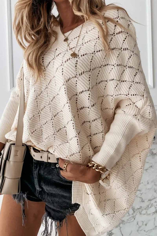 V-neck Color Hollow Bat Sleeve Sweater