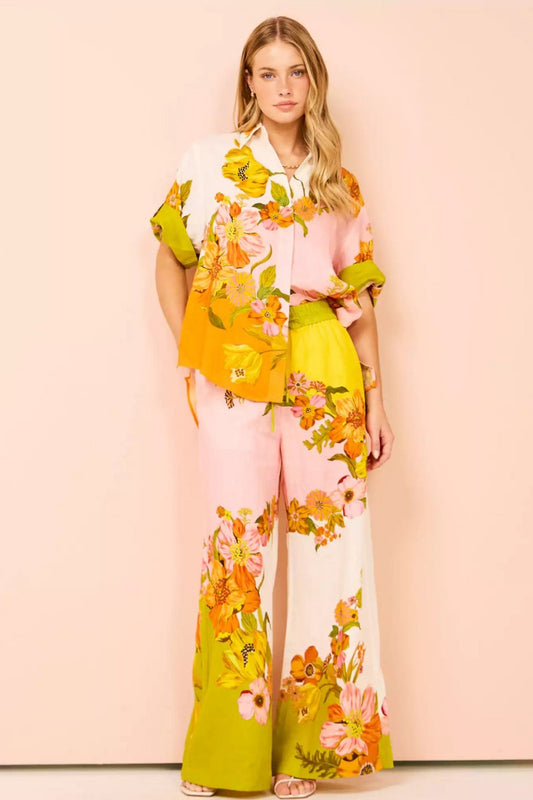 Unique Print Elastic Waist Pocketed Wide Leg Pants-set