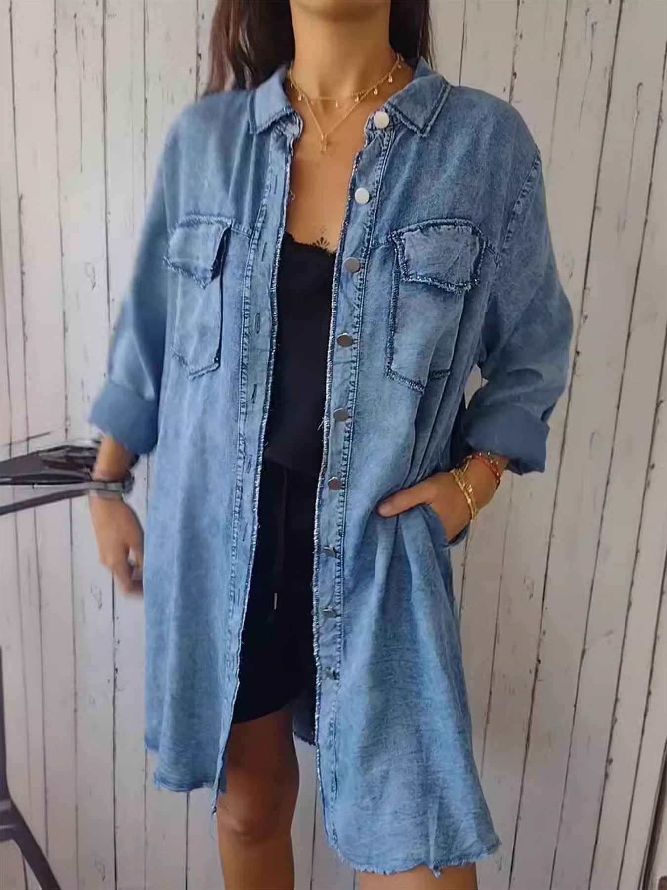 Washed Denim Lapel Coat