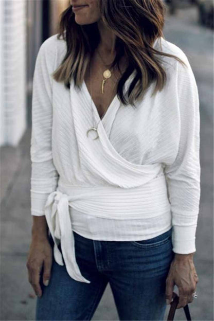 Long Sleeves Cross-over Design Bandage T-shirt