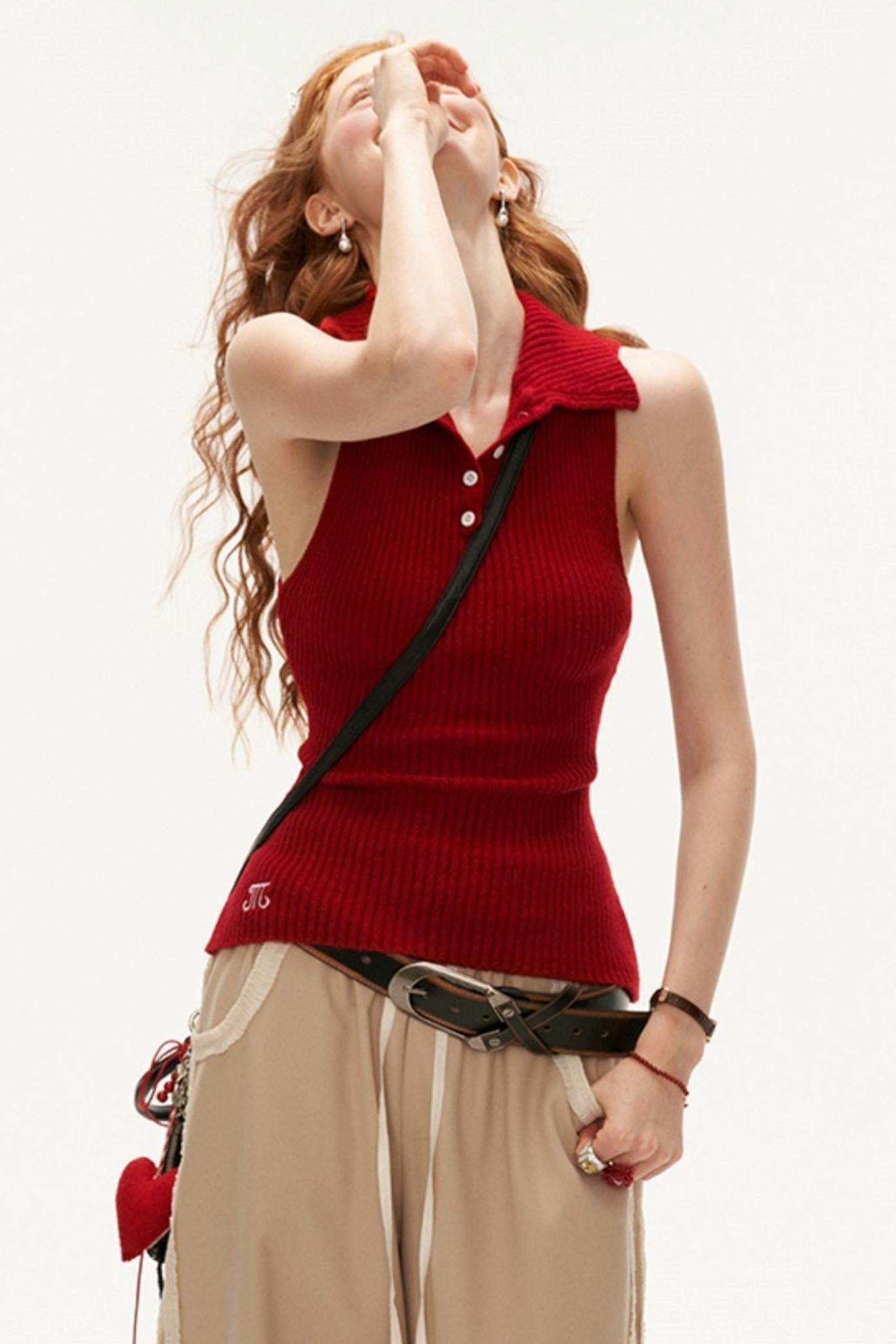 Ribbed Polo Sweater Sleeveless/long Sleeve