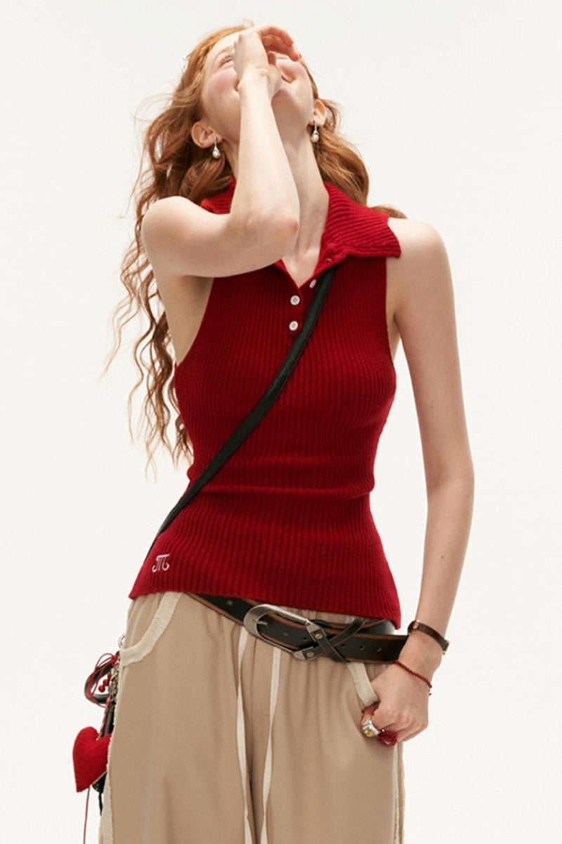 Ribbed Polo Sweater Sleeveless/long Sleeve