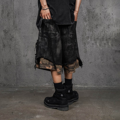 Layered Distressed Black Camo Shorts