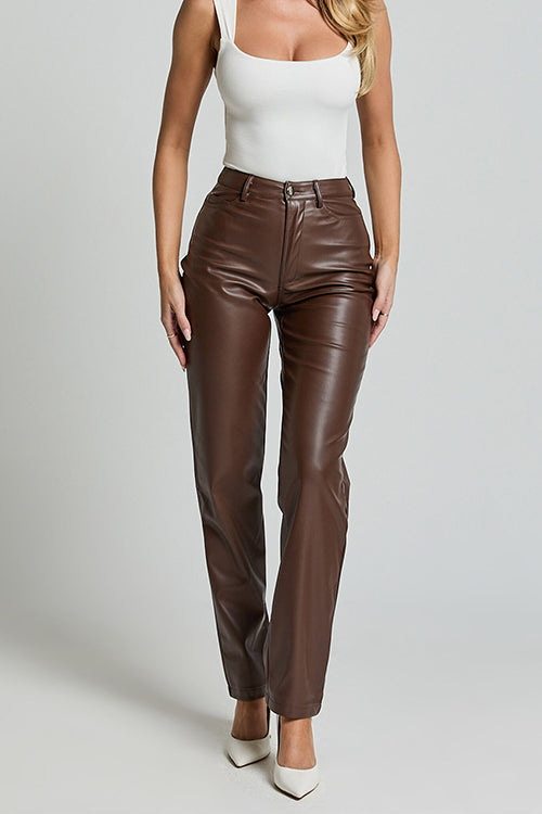 High Rise Pocketed Faux Leather Pants