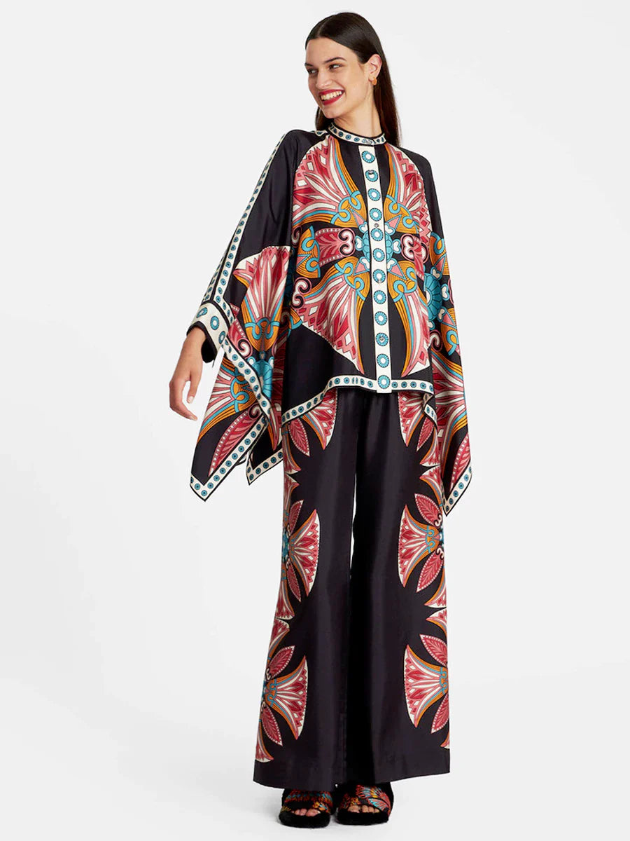 Fine Satin Print Batwing Sleeve Pants Set - Black-red Flowers