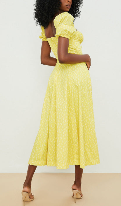 Puff Sleeve Midi Dress in Yellow