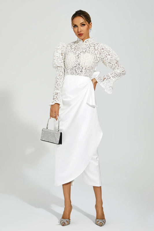 Kailey White Lace Bubble Sleeve Midi Dress