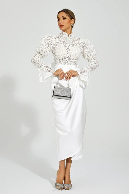 Kailey White Lace Bubble Sleeve Midi Dress