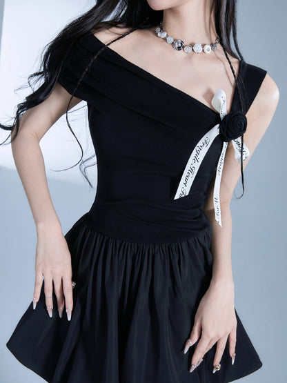 Off-shoulder Black Mini Dress With Contrast Bow Detail