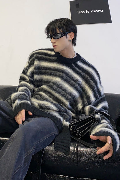 Striped Mohair Cable Knit Sweater