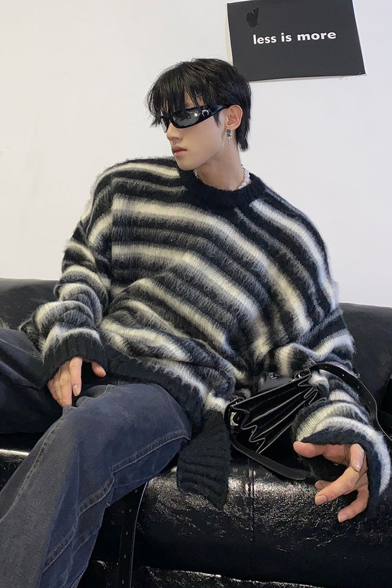 Striped Mohair Cable Knit Sweater