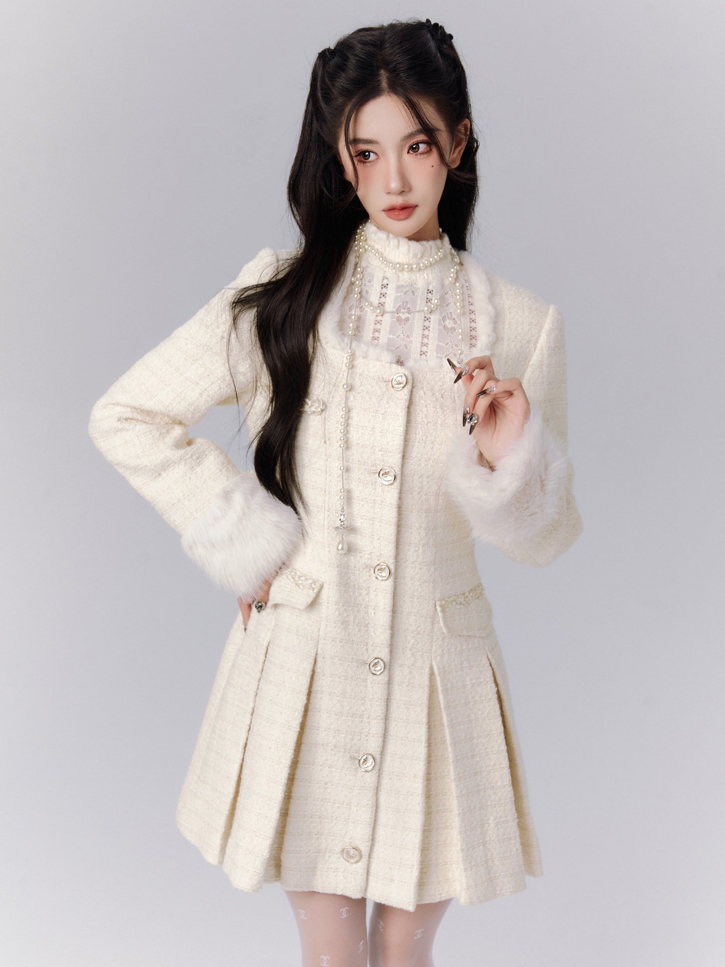 Ivory Tweed Coat Dress With Fur-trimmed Cuffs