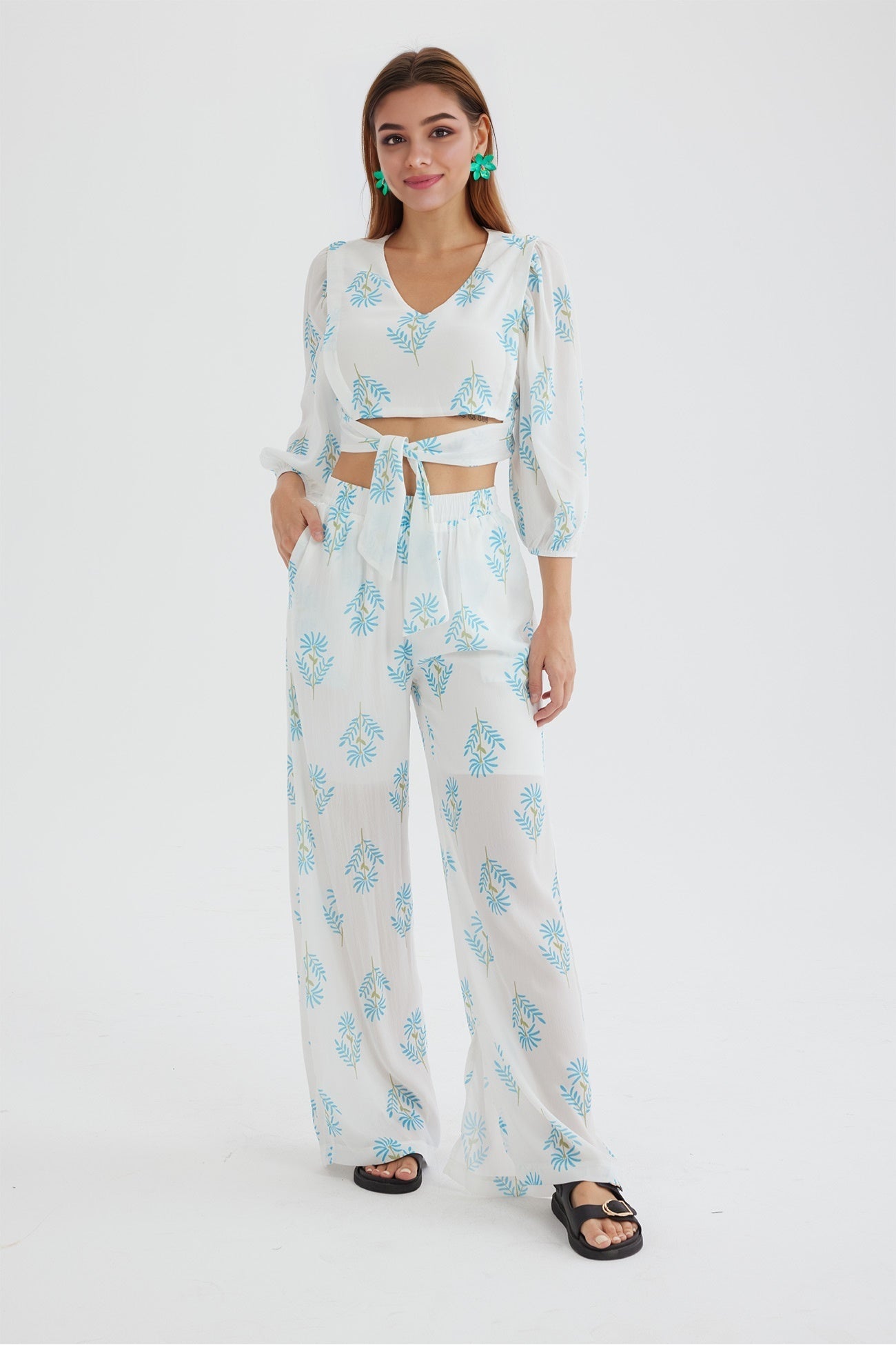 Print Puff Sleeve Knotted-front Tops Long Pants Suits