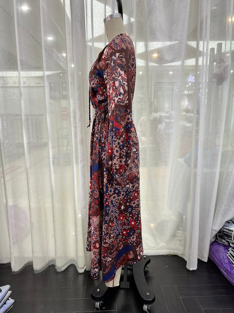 Print Round Neck Lace Up Maxi Dress