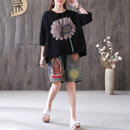 Short Sleeve Sunflower Printed T-shirt Qw1052