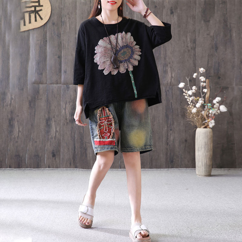 Short Sleeve Sunflower Printed T-shirt Qw1052