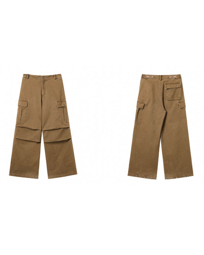 Washed Pleated Wide Leg Cargo Pants