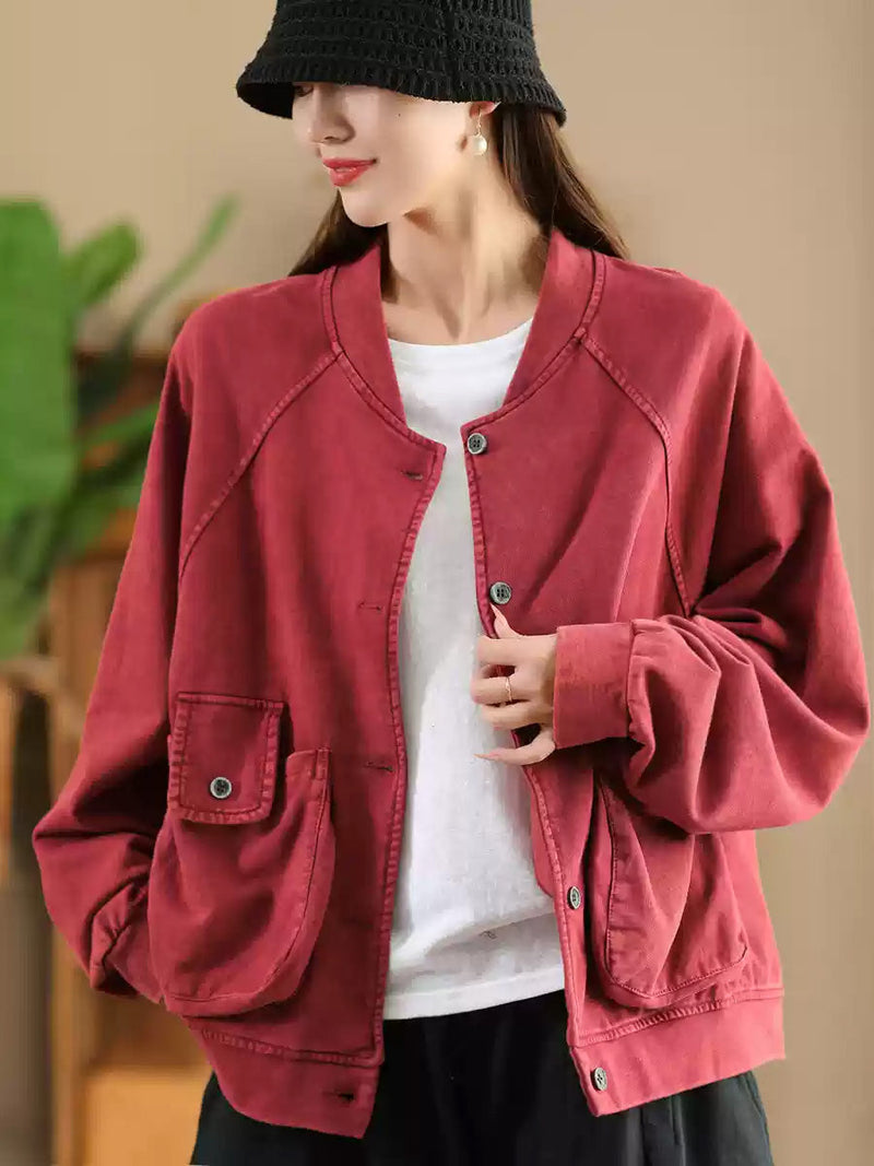 Retro Pure Color Stand Collar Pocket Cotton Coat Ax1008