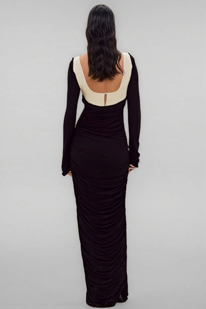 Lolic Long Sleeve Square Collar Ruched Hem Knit Maxi Dress