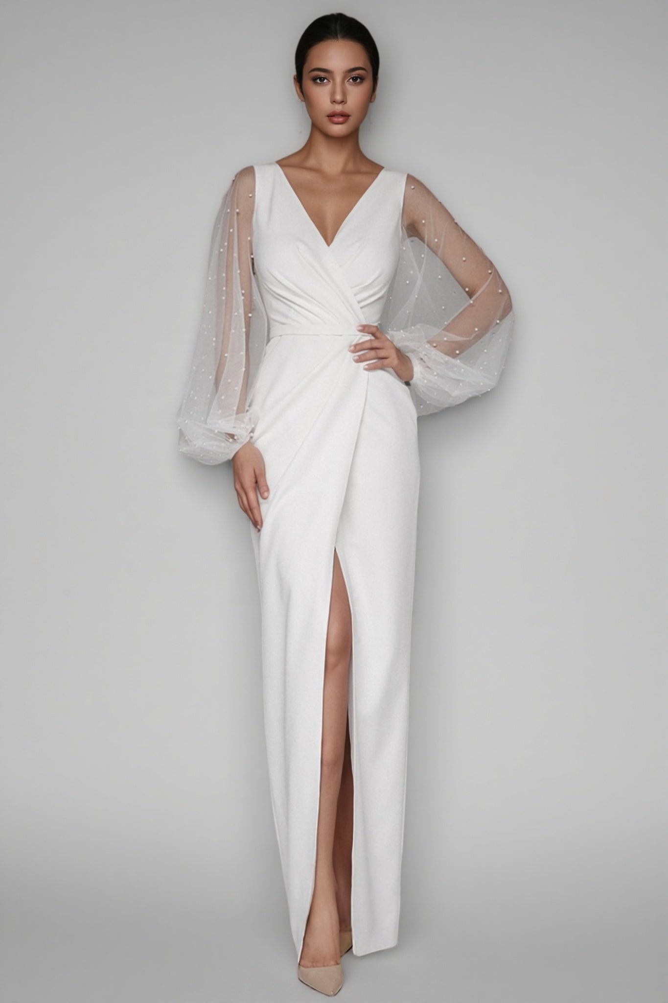 Carlotta White Deep V-neck Slit Maxi Dress