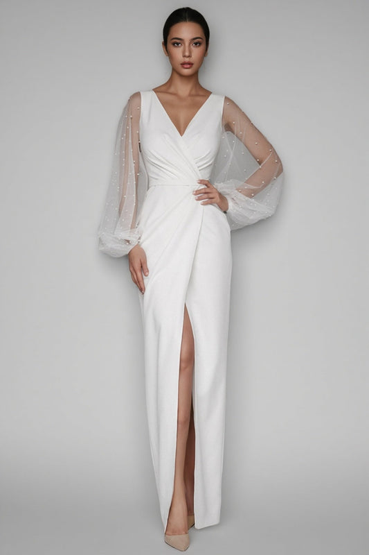 Carlotta White Deep V-neck Slit Maxi Dress