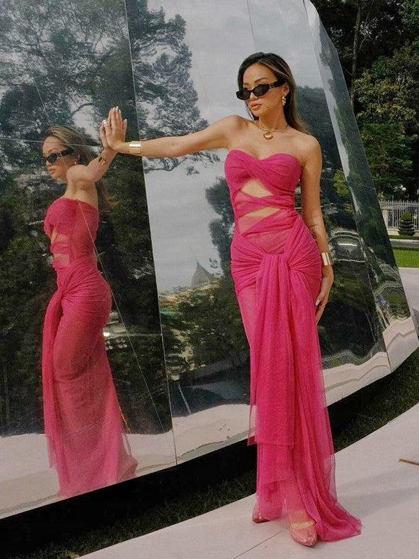 See Through Tied Tube Cutout Drapped Maxi Dress